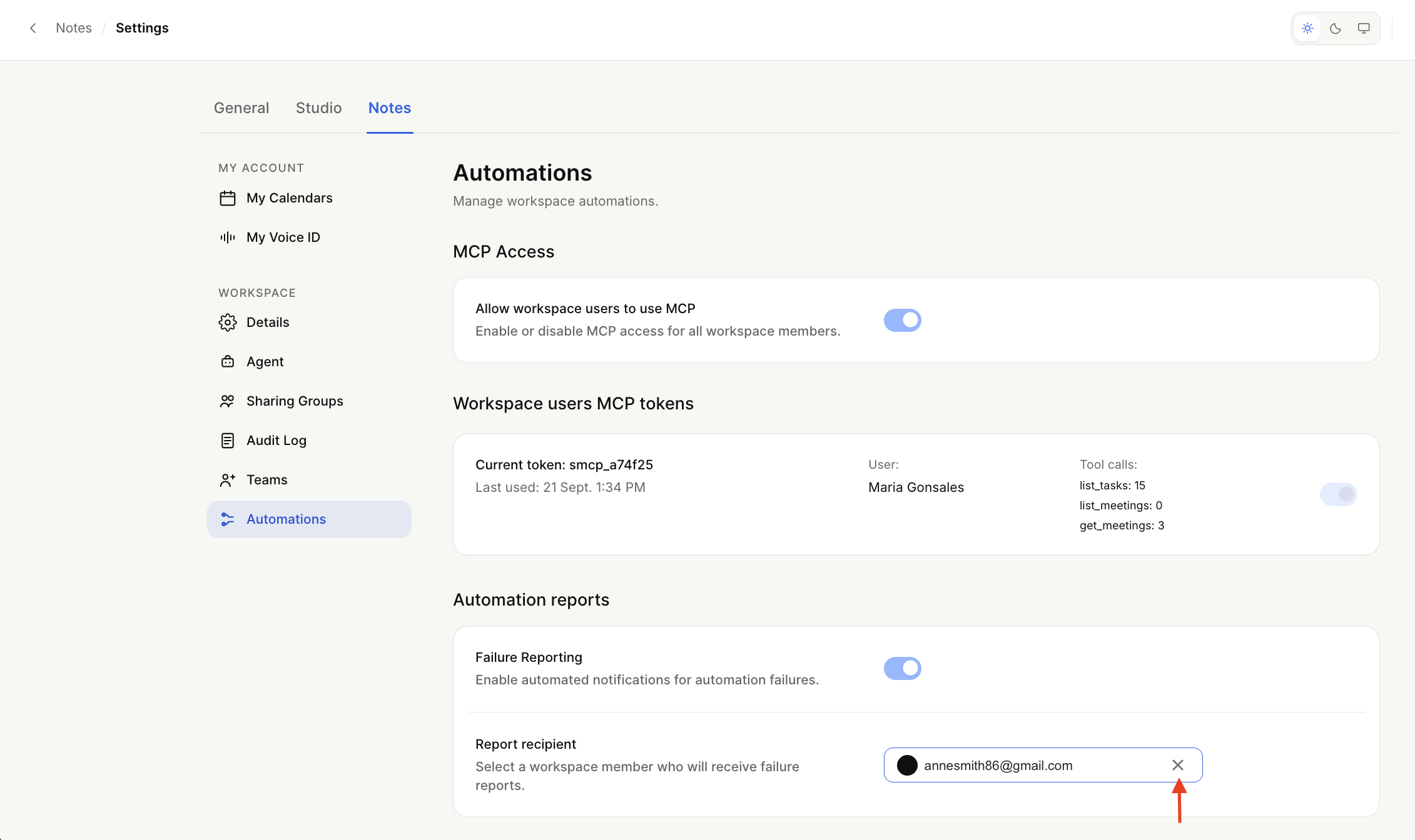 Automations settings in Workspace, showing MCP access, user tokens, and automation reports; a red arrow points to the remove icon beside the report recipient email. Visible: Notes, Settings, General, Studio, My Calendars, My Voice ID.