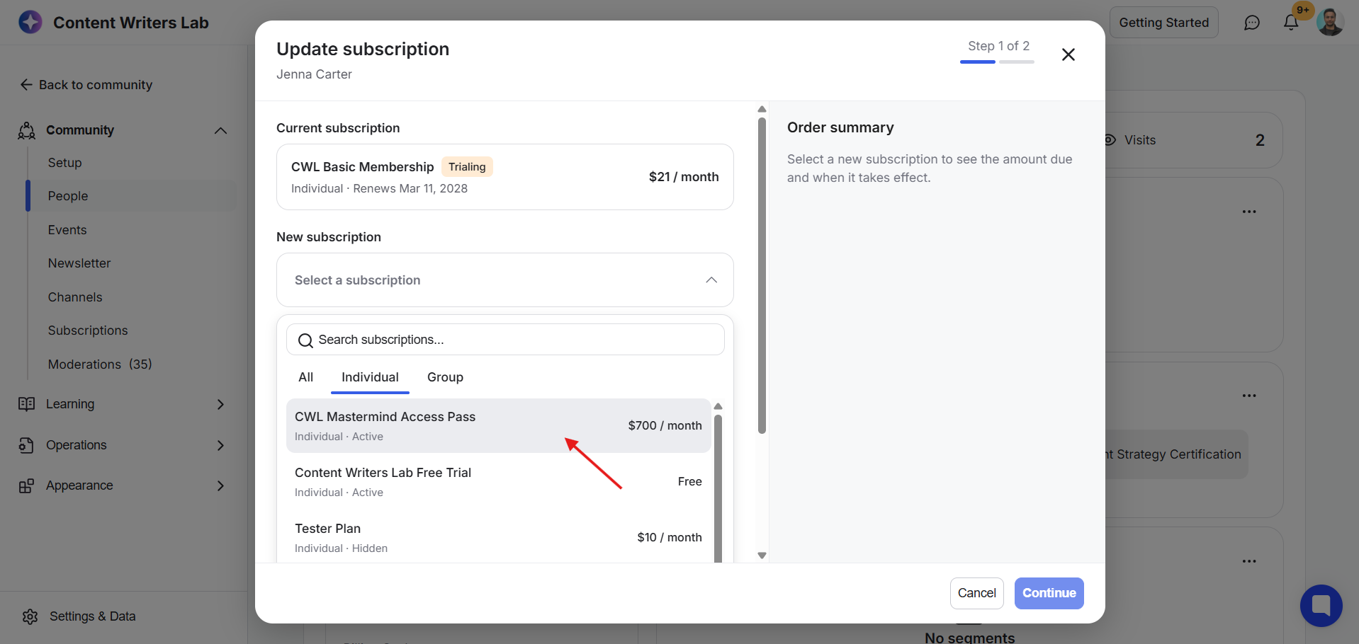 The Update subscription dialog for Jenna Carter shows subscription choices, with a red arrow pointing to CWL Mastermind Access Pass in the Individual tab. Visible: Update subscription, Jenna Carter, Step 1 of 2, Current subscription, CWL Basic Membership, Trialing.