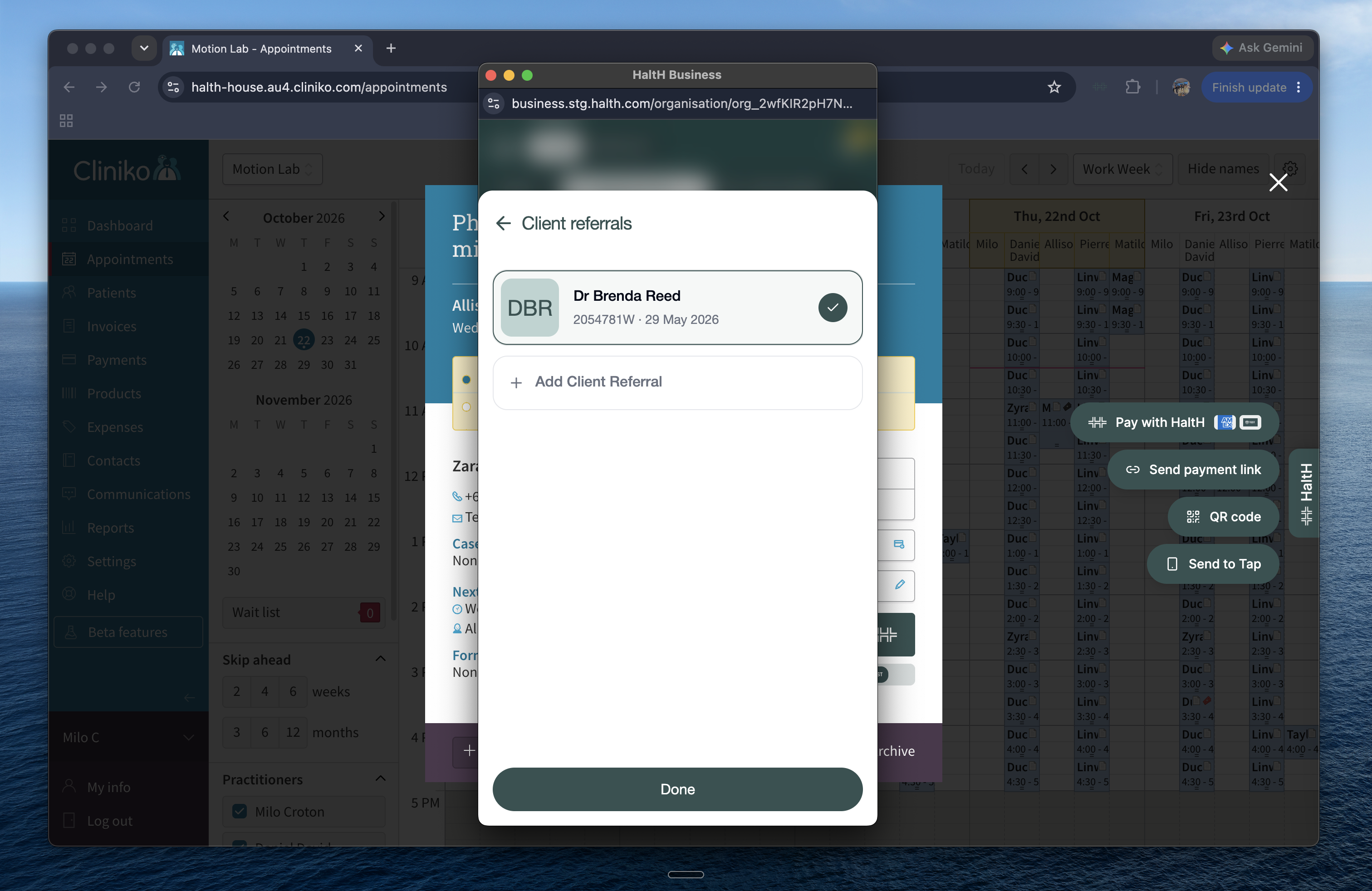 The Client referrals screen shows Dr Brenda Reed selected with a checkmark and an Add Client Referral option in a modal over the Cliniko appointments calendar. Visible: Client referrals, Dr Brenda Reed, DBR, 2054781W · 29 May 2026, Add Client Referral, Done.