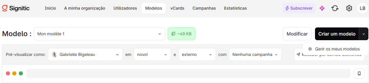 Simplicit Models screen showing model selection, preview settings, and the open Create a model menu with Manage my models. Visible: Modeles, Modelo :, Mon modèle 1, ~49 KB, Modificar, Criar um modelo.