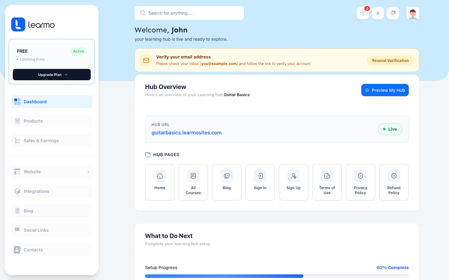 The Learmo Dashboard with the yellow "Verify your email address" banner and the Resend Verification button above Hub Overview.