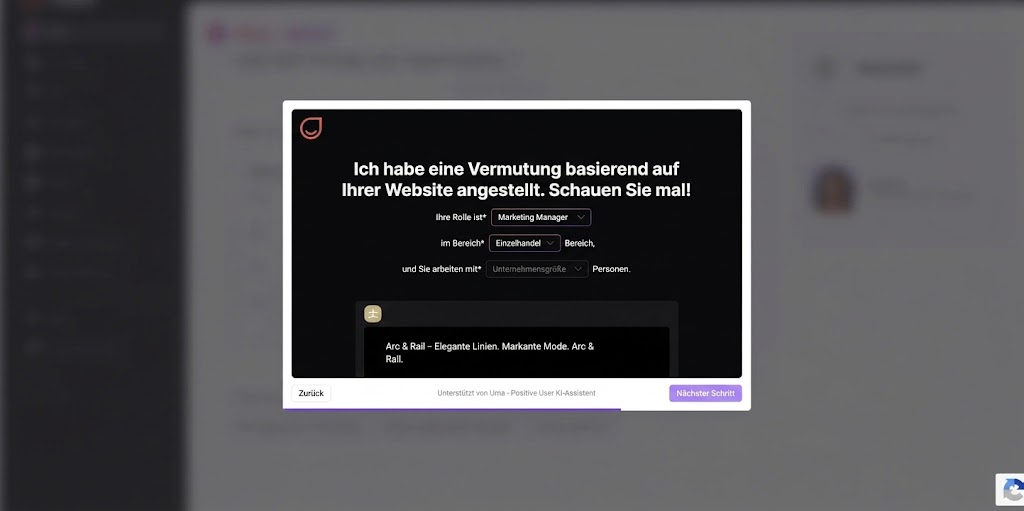 A German onboarding modal shows a website-based business suggestion, role, industry, and company-size dropdowns, plus an Arc & Rail recommendation card. Visible: Ich habe eine Vermutung basierend auf Ihrer Website angestellt. Schauen Sie mal!, Ihre Rolle ist*, Marketing Manager, im Bereich, Einzelha