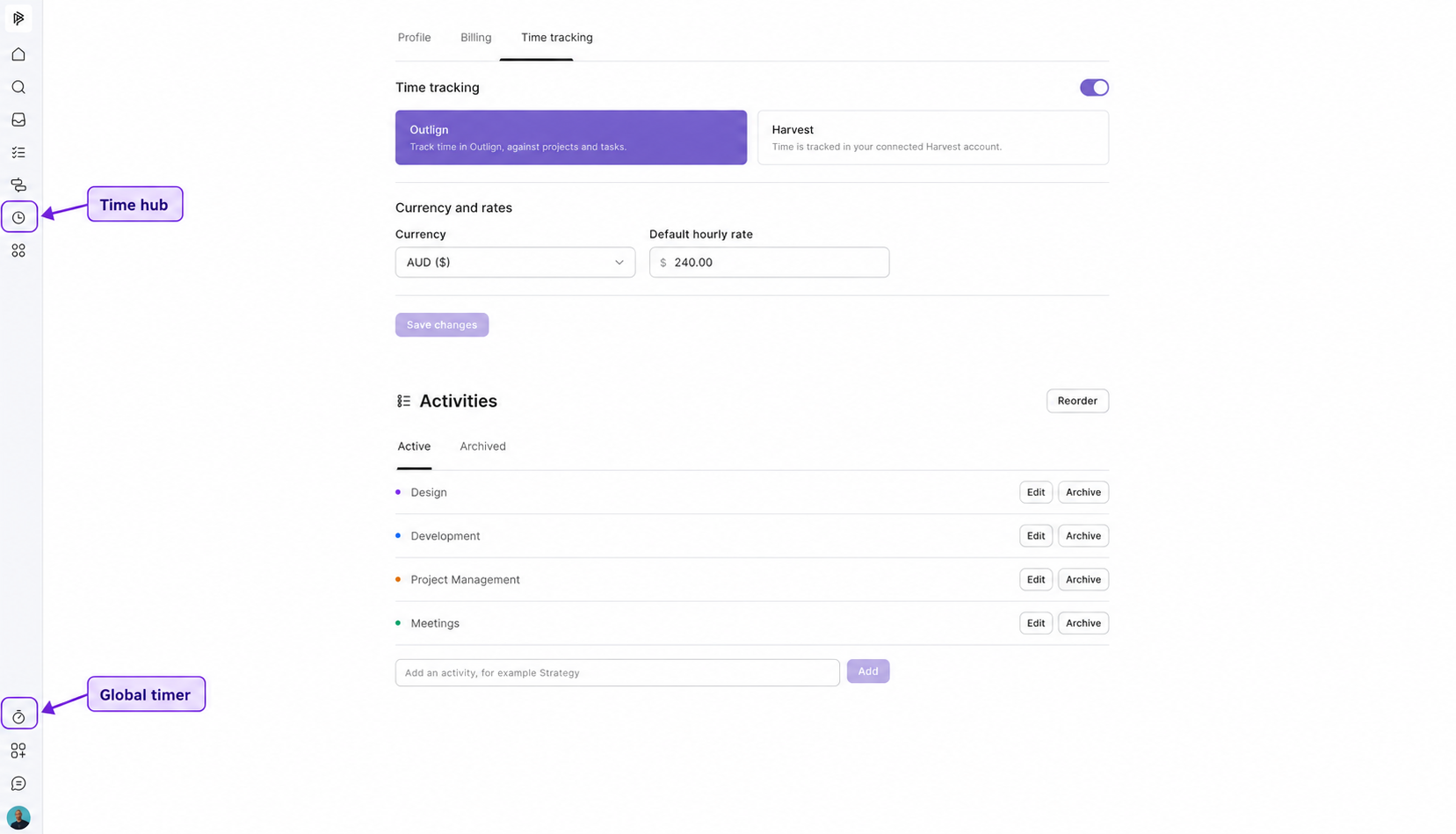 Time tracking settings show Outligin or Harvest tracking, currency and hourly rate, and activity management; callouts point to the Time hub and Global timer sidebar icons. Visible: Profile, Billing, Time tracking, Outligin, Harvest, Currency and rates.