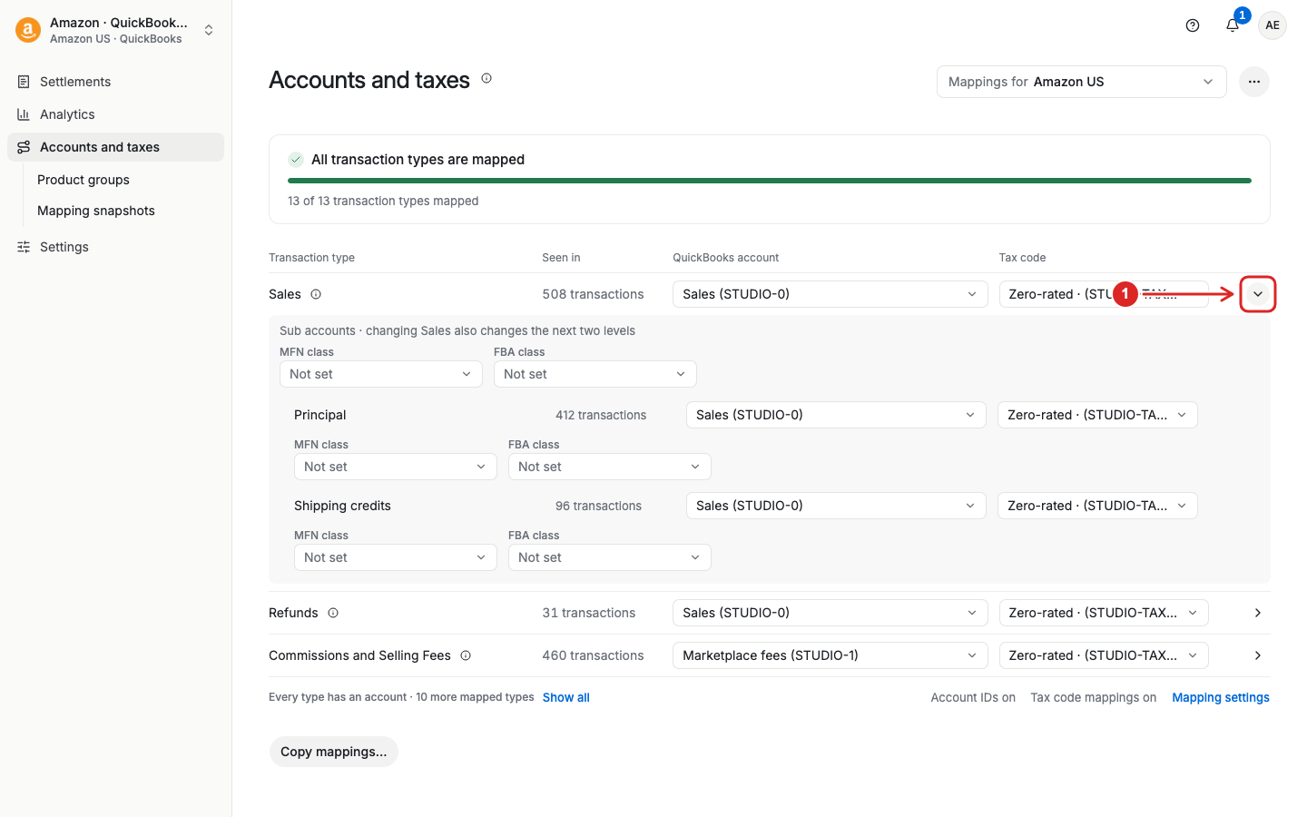 Accounts and taxes with a transaction category expanded