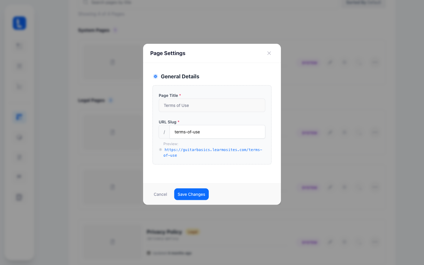 The Page Settings window for Terms of Use, showing the General Details card with Page Title, URL Slug and the live URL preview.