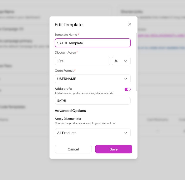 The Edit Template modal shows discount template settings, including the name, discount value, code format, prefix, product scope, and Save button. Visible: Edit Template, Template Name, SATHI-Template, Discount Value, 10 %, Code Format.