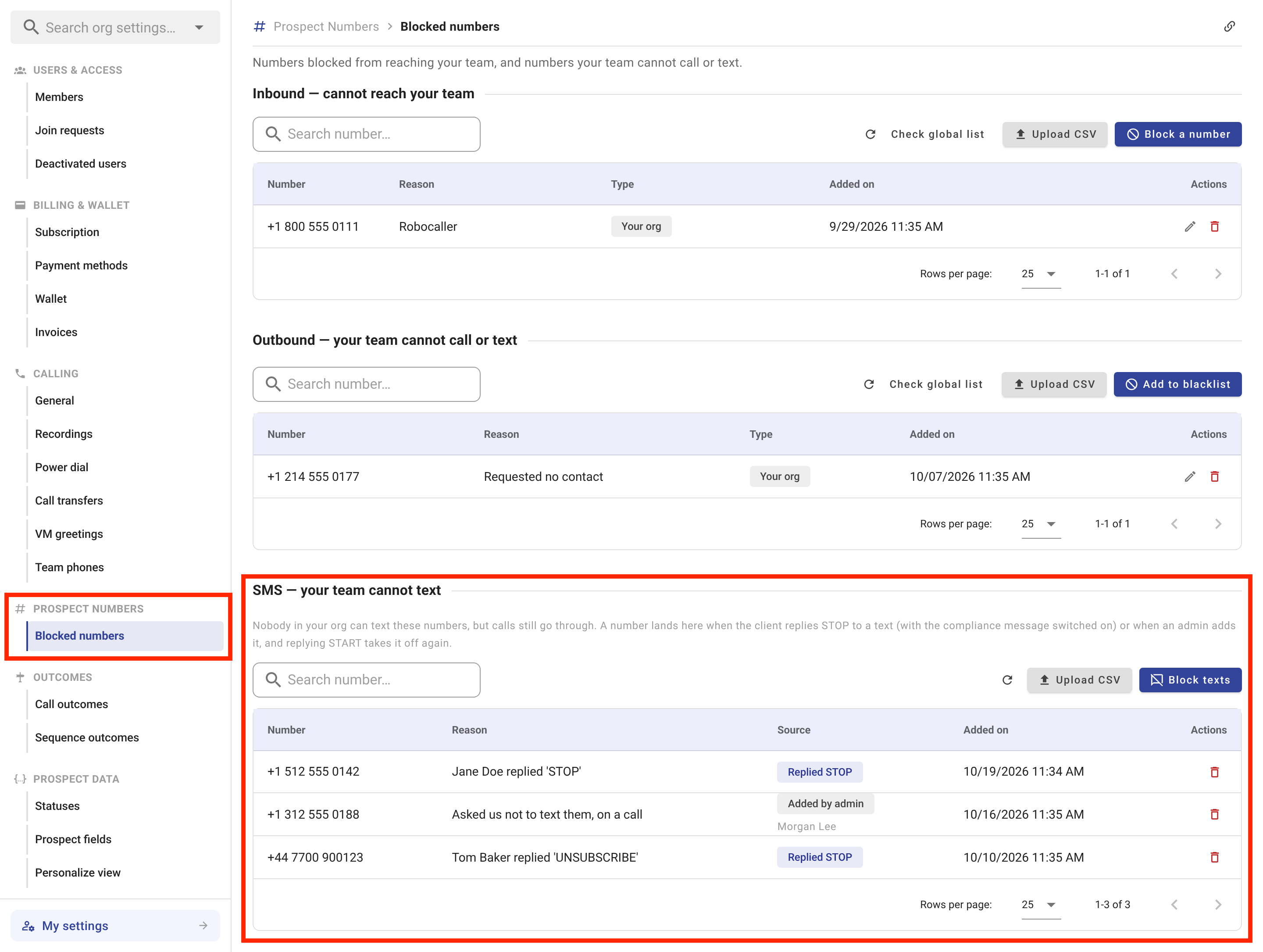 The Blocked numbers settings page shows inbound, outbound, and SMS blocking tables; red boxes highlight the selected sidebar item and the SMS section. Visible: Prospect Numbers, Blocked numbers, Inbound — cannot reach your team, Outbound — your team cannot call or text, SMS — your team cannot text,