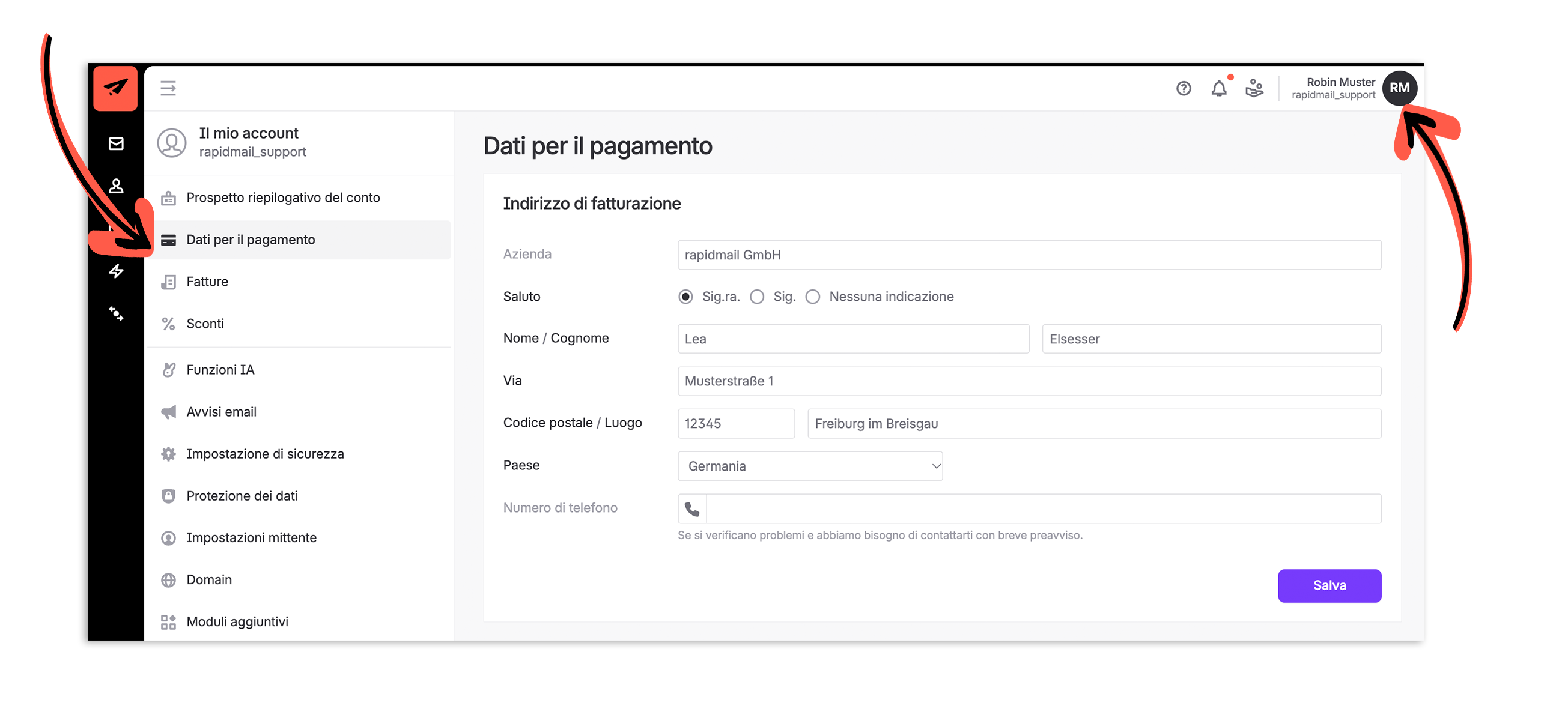 The account settings screen shows the billing address form under “Dati per il pagamento”; red arrows point to that selected sidebar section and the top-right profile avatar. Visible: Il mio account, Dati per il pagamento, Indirizzo di fatturazione, Azienda, Saluto, Sig.ra.