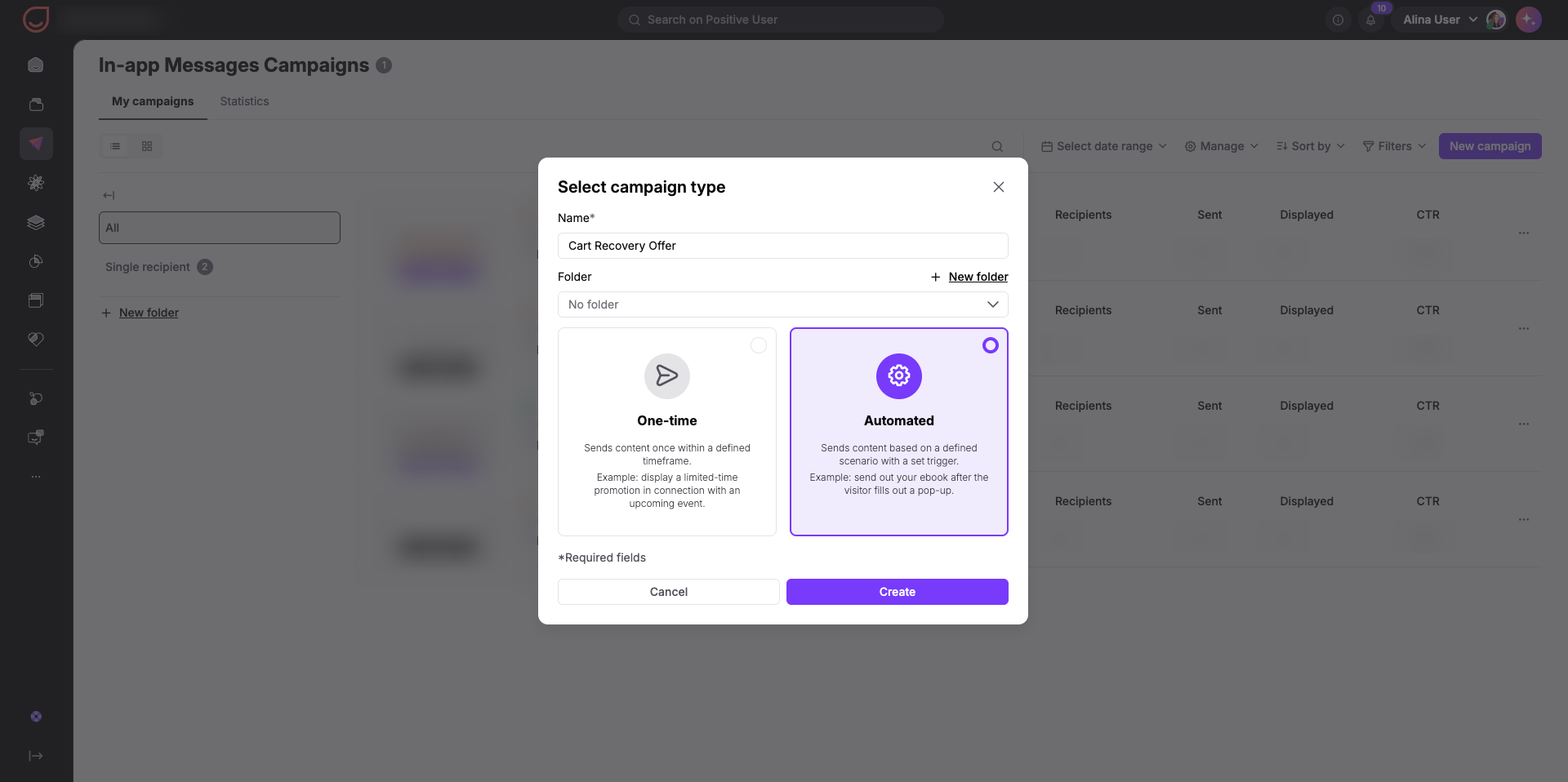 The Select campaign type dialog in In-app Messages Campaigns has the name Cart Recovery Offer, no folder selected, and Automated selected. Visible: In-app Messages Campaigns, My campaigns, Statistics, Select campaign type, Name*, Cart Recovery Offer.