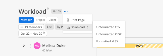 The Workload page shows the Member tab, member list, date range, and an open menu with Download export options; a hatched bar at the right is labeled 100%. Visible: Workload, 19/159, Member, Project, Client, 19 Members.