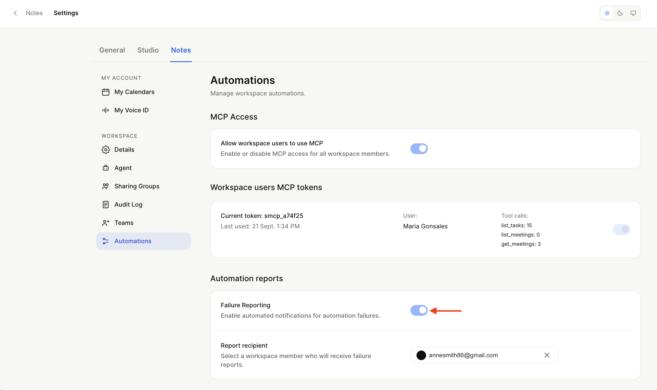 The Notes settings screen shows Automations, including MCP access, workspace MCP tokens, and automation reports; a red arrow points to the enabled Failure Reporting toggle. Visible: Notes, Settings, General, Studio, Automations, MCP Access.