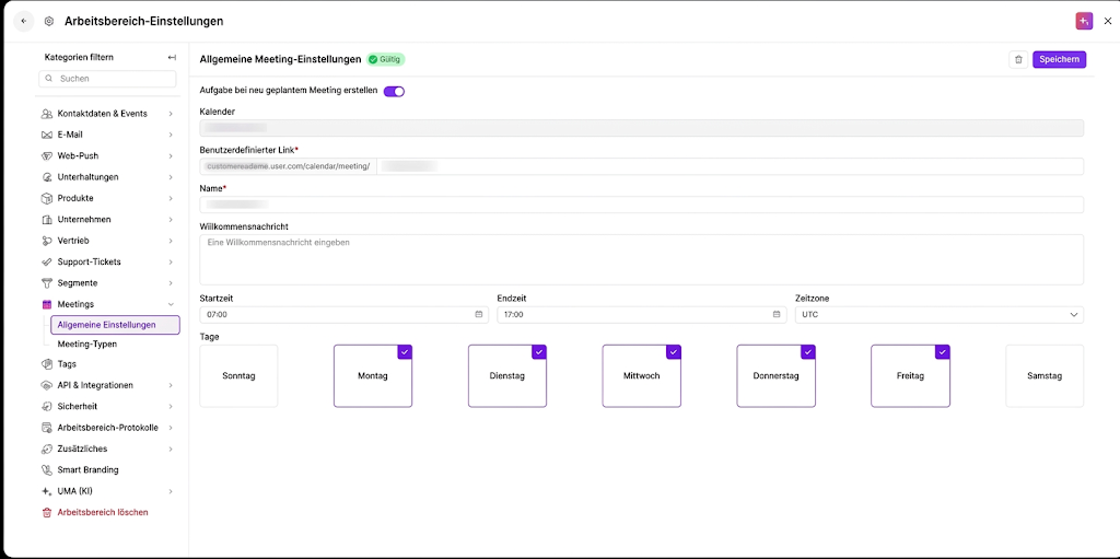 The workspace settings screen shows Allgemeine Meeting-Einstellungen with meeting scheduling enabled, start and end times, a timezone, and selected weekdays Monday through Friday. Visible: Arbeitsbereich-Einstellungen, Allgemeine Meeting-Einstellungen, Gültig, Speichern, Aufgabe bei neu geplantem Me