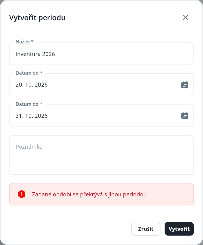 The “Vytvořit periodu” dialog shows fields for a period name, start and end dates, a note, and an overlap warning. Visible: Vytvořit periodu, Název *, Inventura 2026, Datum od *, 20. 10. 2026, Datum do *.
