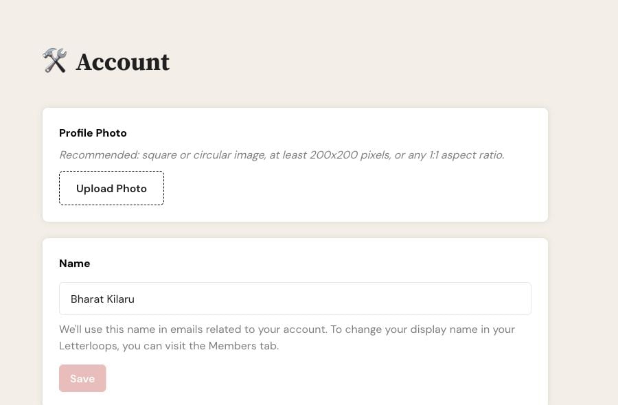 Letterloop Account page on web showing Profile Photo upload and Name settings.