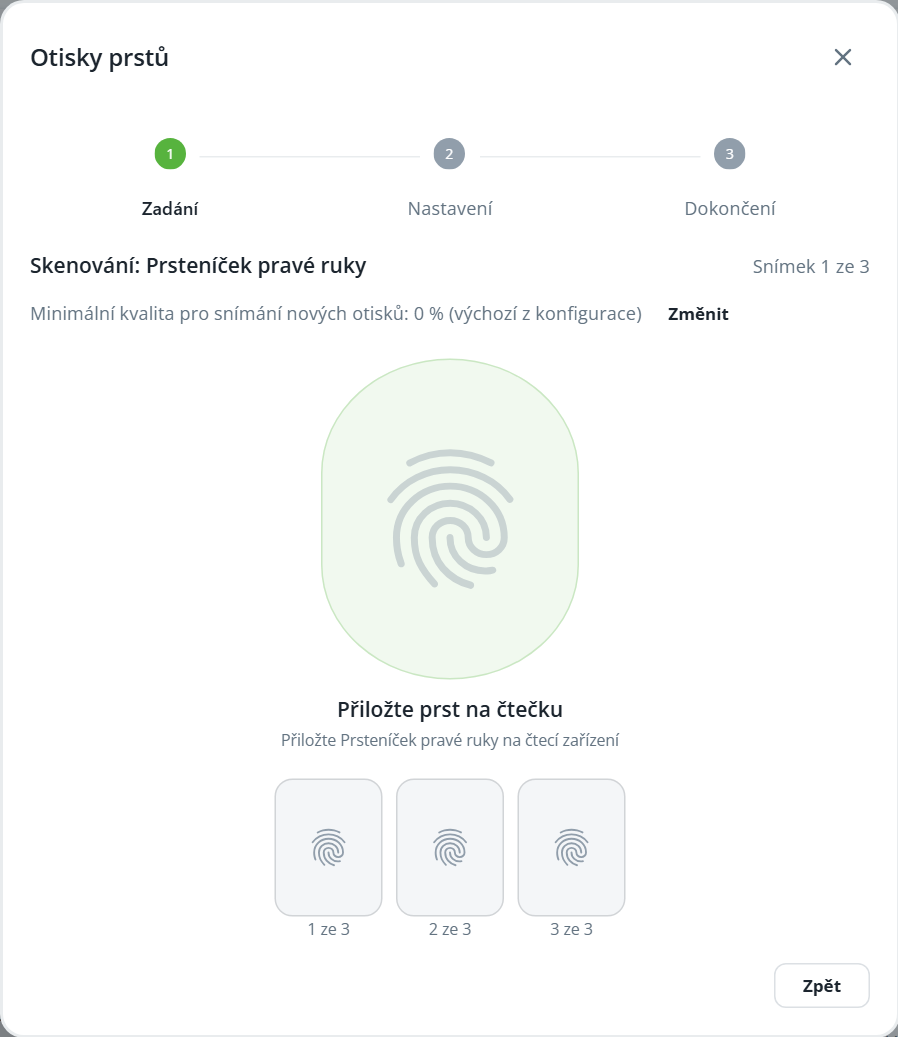 Fingerprint enrollment screen for the right ring finger, on step 1 of 3, prompts the user to place a finger on the scanner and shows three scan captures. Visible: Otisky prstů, Zadání, Nastavení, Dokončení, Skenování: Prsteníček pravé ruky, Snímek 1 ze 3.