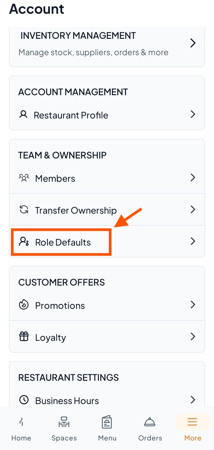 Account screen showing settings categories, with an orange box and arrow highlighting Role Defaults under Team & Ownership. Visible: Account, INVENTORY MANAGEMENT, Manage stock, suppliers, orders & more, ACCOUNT MANAGEMENT, Restaurant Profile, TEAM & OWNERSHIP.