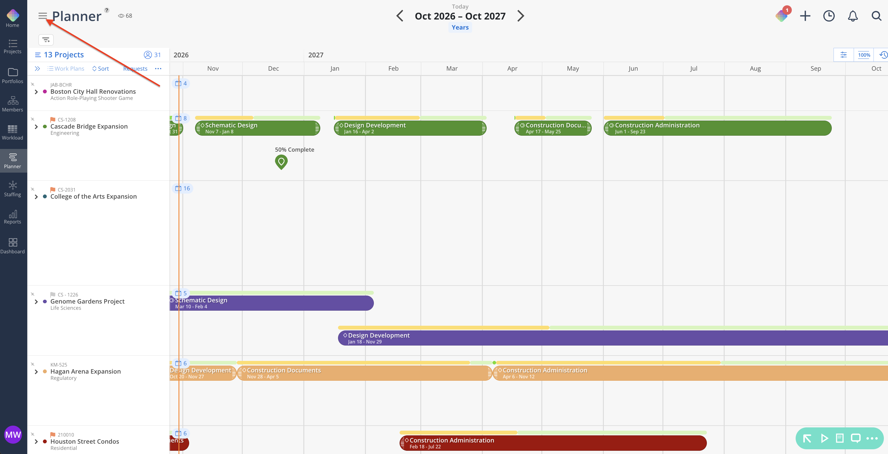 Planner screen showing a multi-year project timeline with colored task bars; a red arrow points to the menu icon beside the Planner heading. Visible: Planner, Oct 2026 β Oct 2027, Years, 13 Projects, Work Plans, Sort.