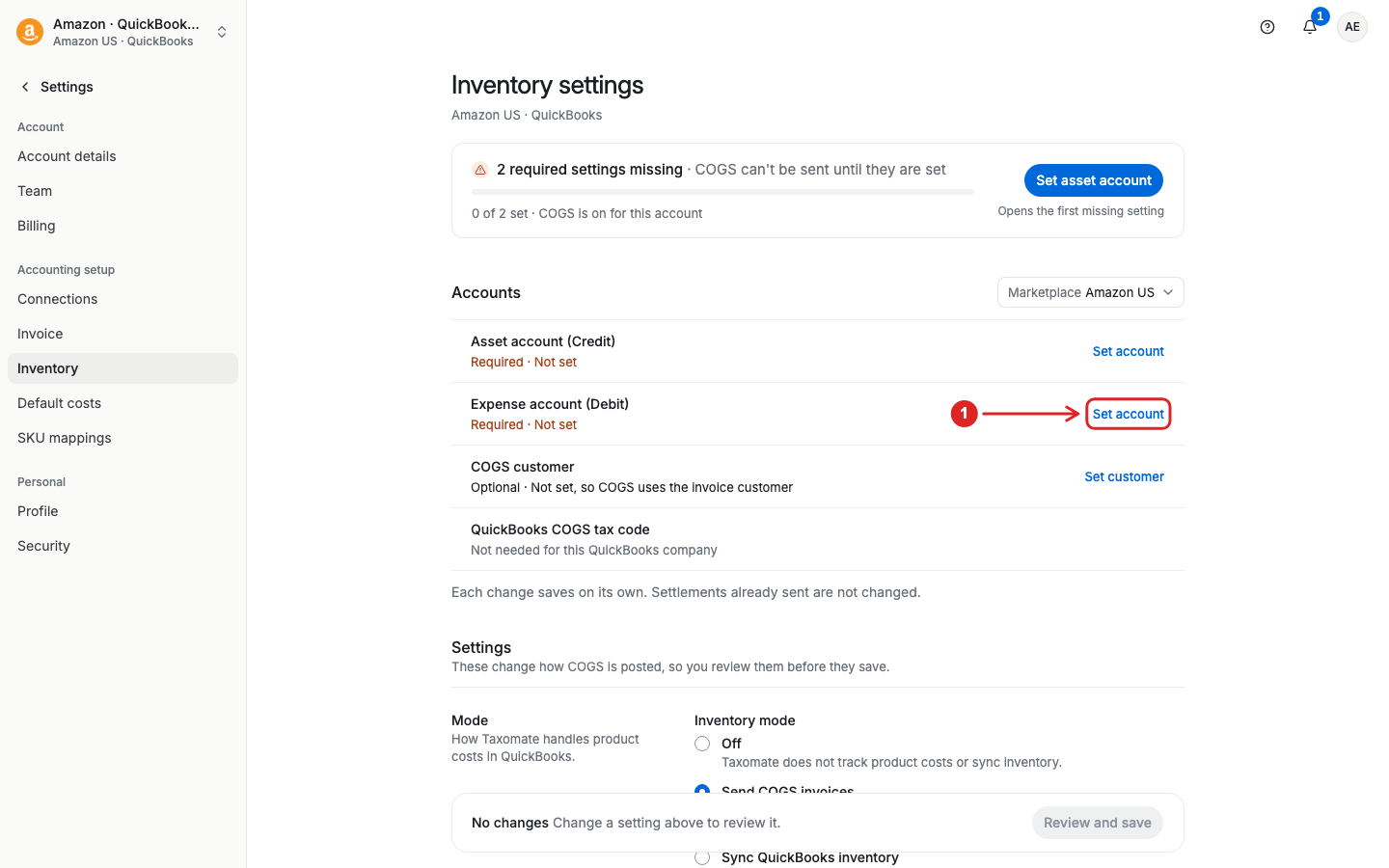 Asset and expense account settings for COGS
