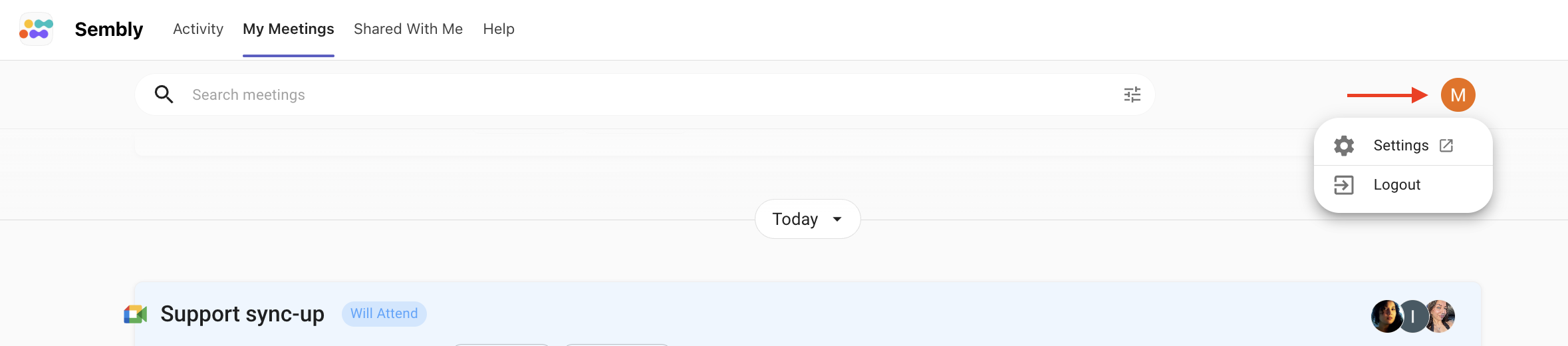 Sembly My Meetings screen with the profile menu open; a red arrow points to the orange M profile avatar above Settings and Logout. Visible: Sembly, Activity, My Meetings, Shared With Me, Help, Search meetings.