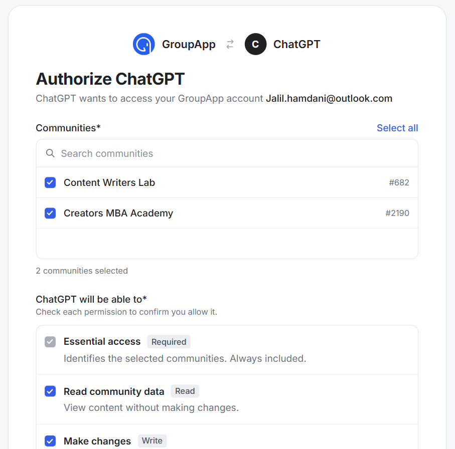 The GroupApp “Authorize ChatGPT” screen shows two communities selected and the required, read, and write permission options. Visible: GroupApp, ChatGPT, Authorize ChatGPT, ChatGPT wants to access your GroupApp account, Communities*, Select all.