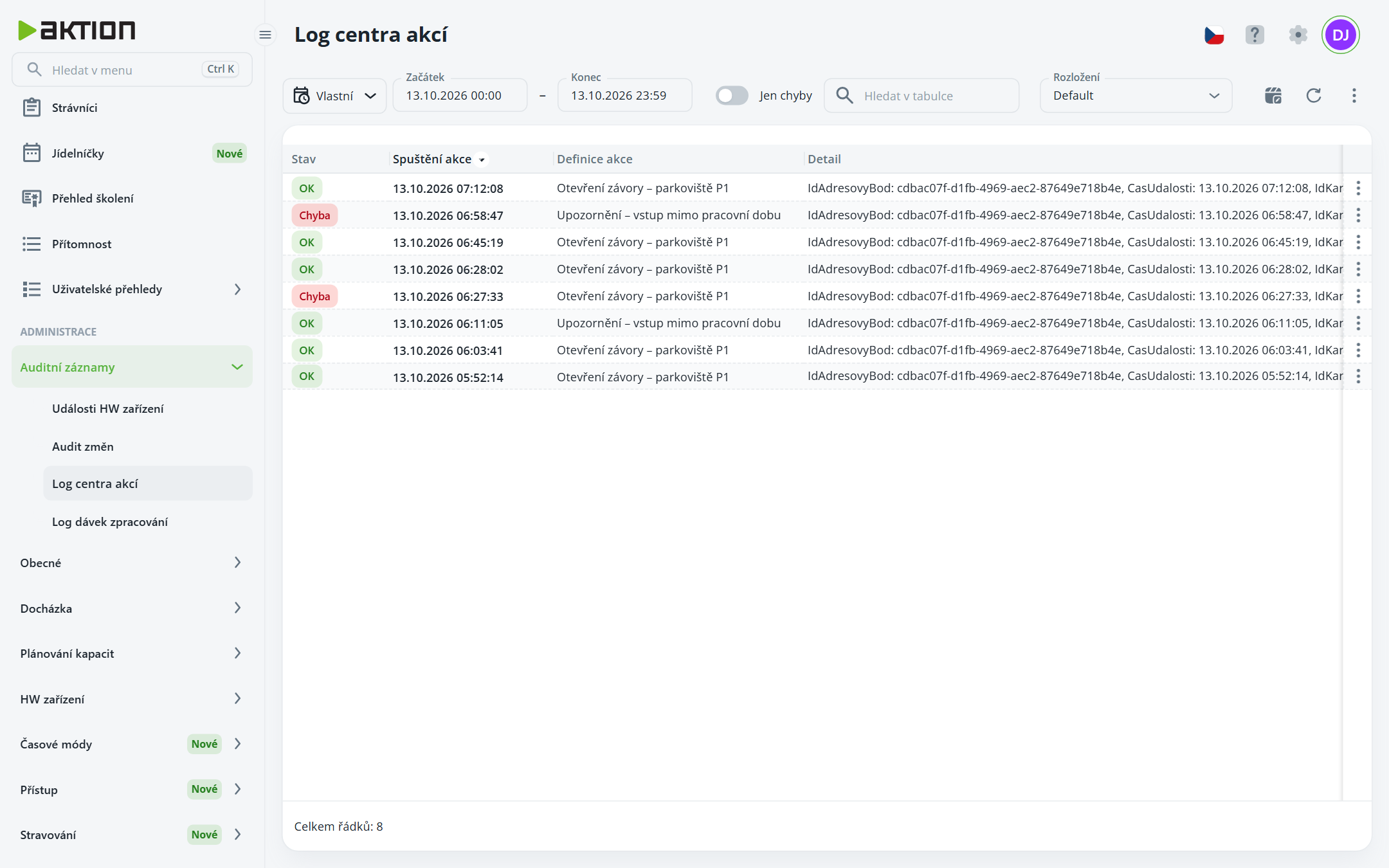 The Aktion administration Log centra akcí screen shows date filters and an eight-row action log table with OK and Chyba statuses. Visible: Log centra akcí, Auditní záznamy, Události HW zařízení, Audit změn, Log dávek zpracování, Začátek.