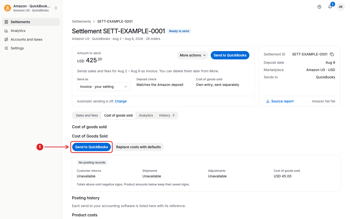 Send product costs from the COGS section