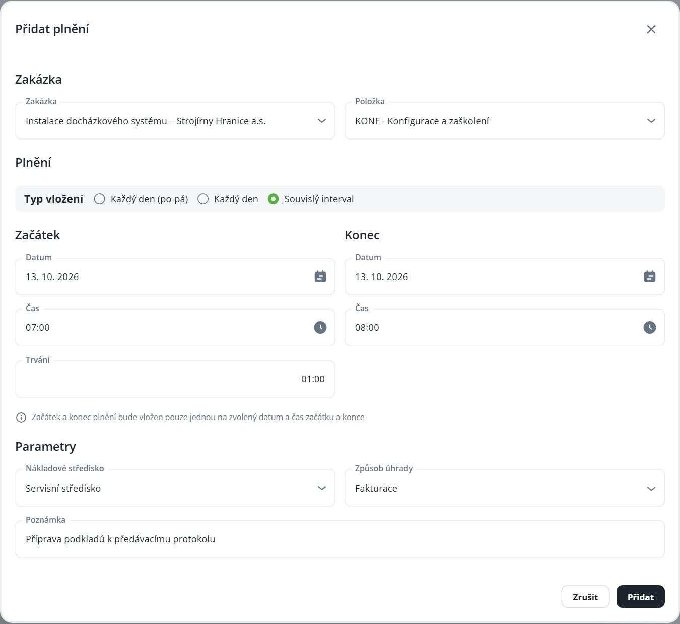 The Add work entry dialog displays a form for a job, related interval, start and end, parameters, and a note. Visible: Add work entry, Job, Installation of the attendance system – Strojírny Hranice a.s., Item, KONF - Configuration and training, Work entry.