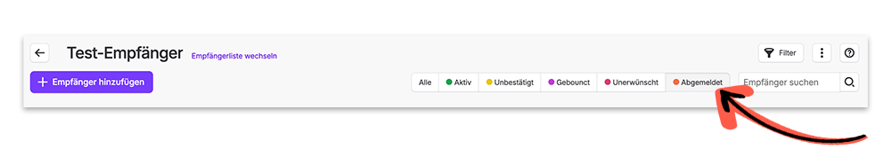The Test-Empfänger screen shows recipient status filters and a search field, with a red arrow pointing to the Abgemeldet filter. Visible: Test-Empfänger, Empfängerliste wechseln, Empfänger hinzufügen, Alle, Aktiv, Unbestätigt.