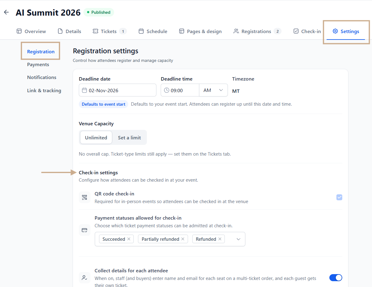 AI Summit 2026 Settings screen with Registration selected, showing deadline, venue capacity, and check-in settings; an arrow points to the Check-in settings heading. Visible: AI Summit 2026, Published, Overview, Details, Tickets, Schedule.