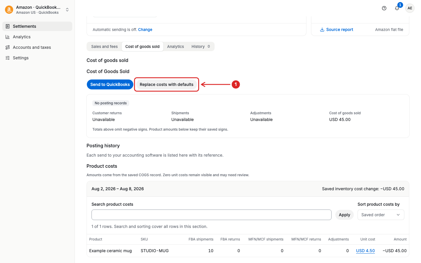 Review settlement COGS and replace costs with defaults