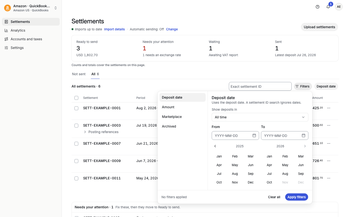Filters popover with Deposit date, Amount, Marketplace and Archived