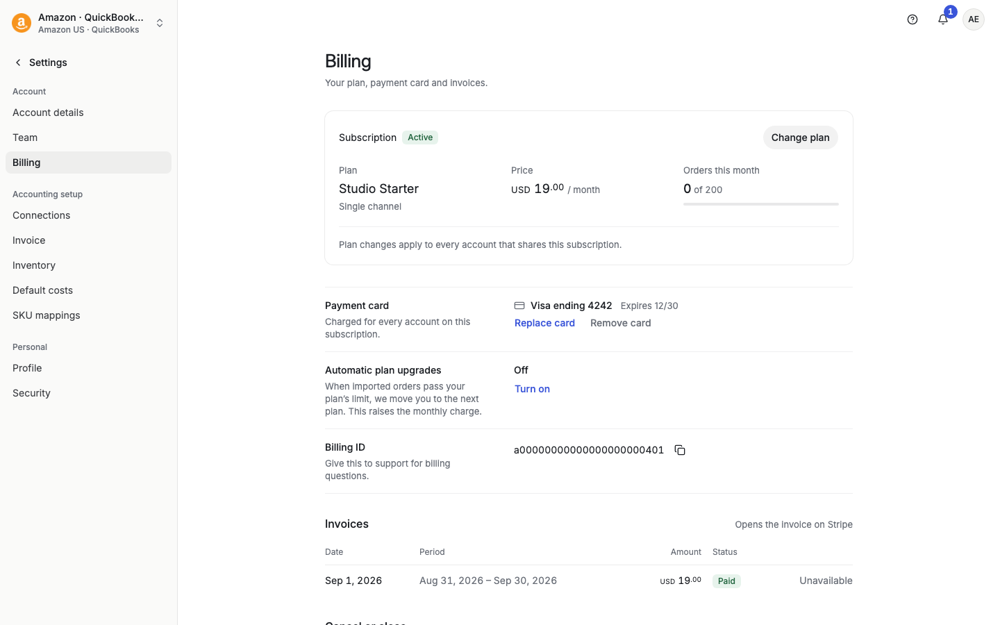 Billing page with subscription, payment card, automatic plan upgrades and invoices