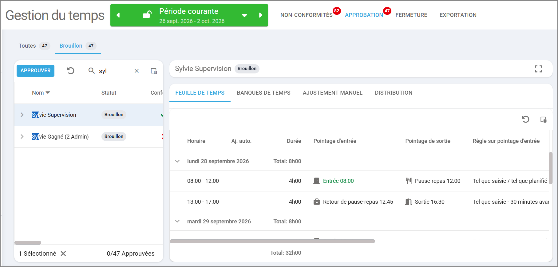 Détails à droite pour un employé en mode pointage, avec le bouton Approuver