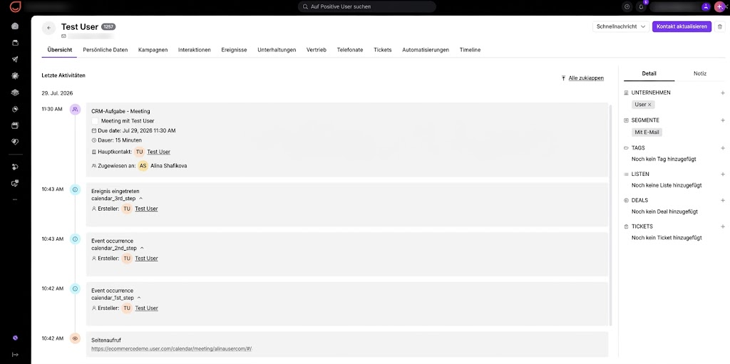 The Test User contact’s Übersicht screen shows the Letzte Aktivitäten timeline with a meeting, event occurrences, and page visit beside the Detail panel. Visible: Test User, Übersicht, Persönliche Daten, Kampagnen, Interaktionen, Ereignisse.