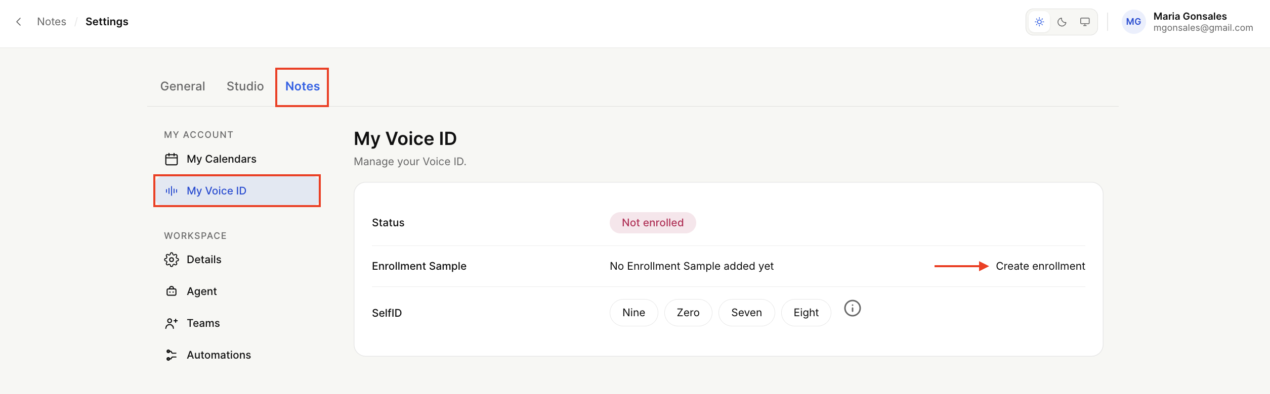 The Notes settings screen shows My Voice ID with enrollment status and SelfID options; red boxes highlight the Notes tab and My Voice ID menu, and an arrow points to Create enrollment. Visible: Notes, General, Studio, MY ACCOUNT, My Calendars, My Voice ID.