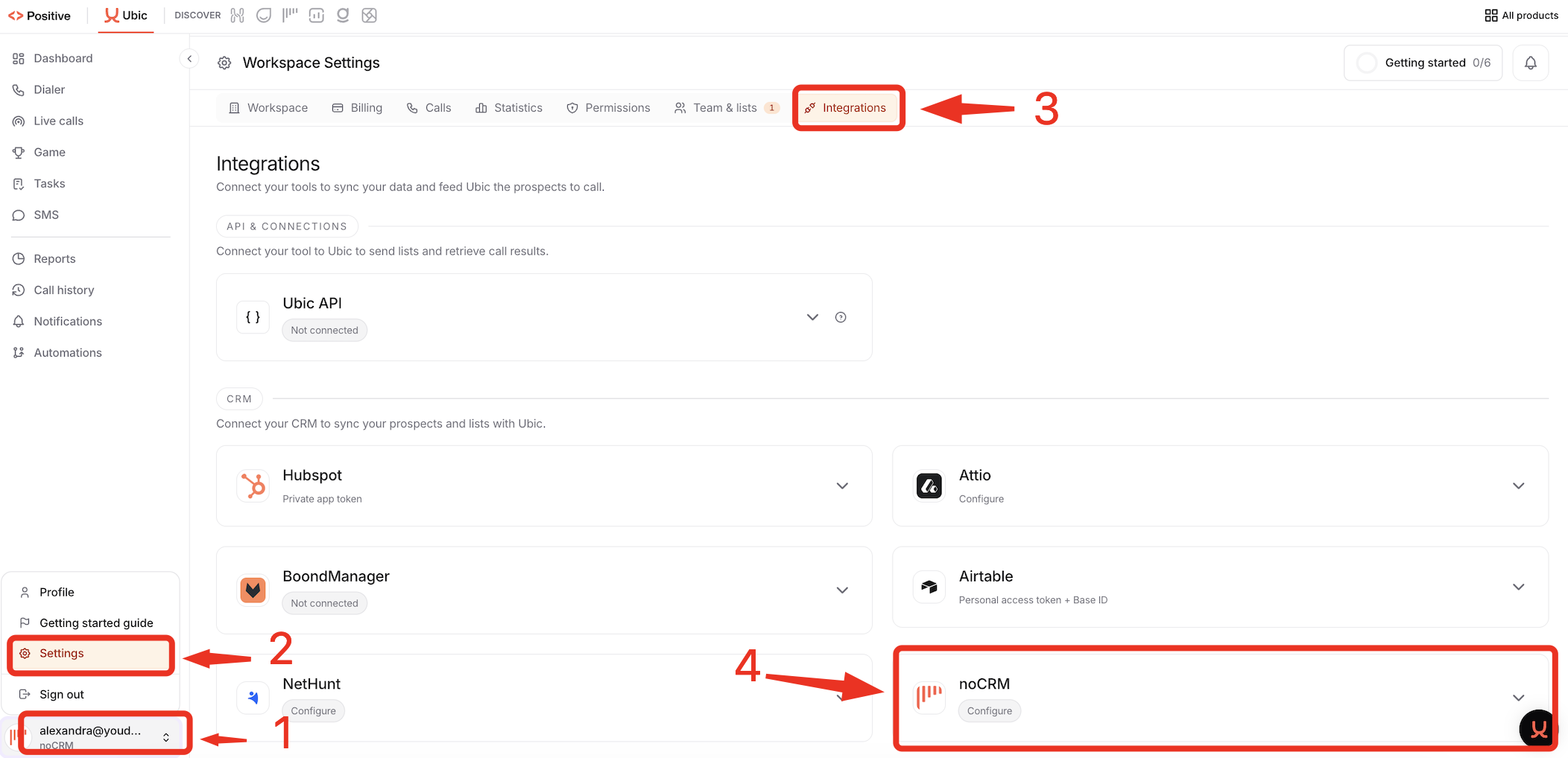 Workspace Settings Integrations page showing CRM connections; numbered arrows highlight the noCRM account selector, Settings menu, Integrations tab, and noCRM Configure card. Visible: Workspace Settings, Integrations, API & CONNECTIONS, Ubic API, Not connected, CRM.