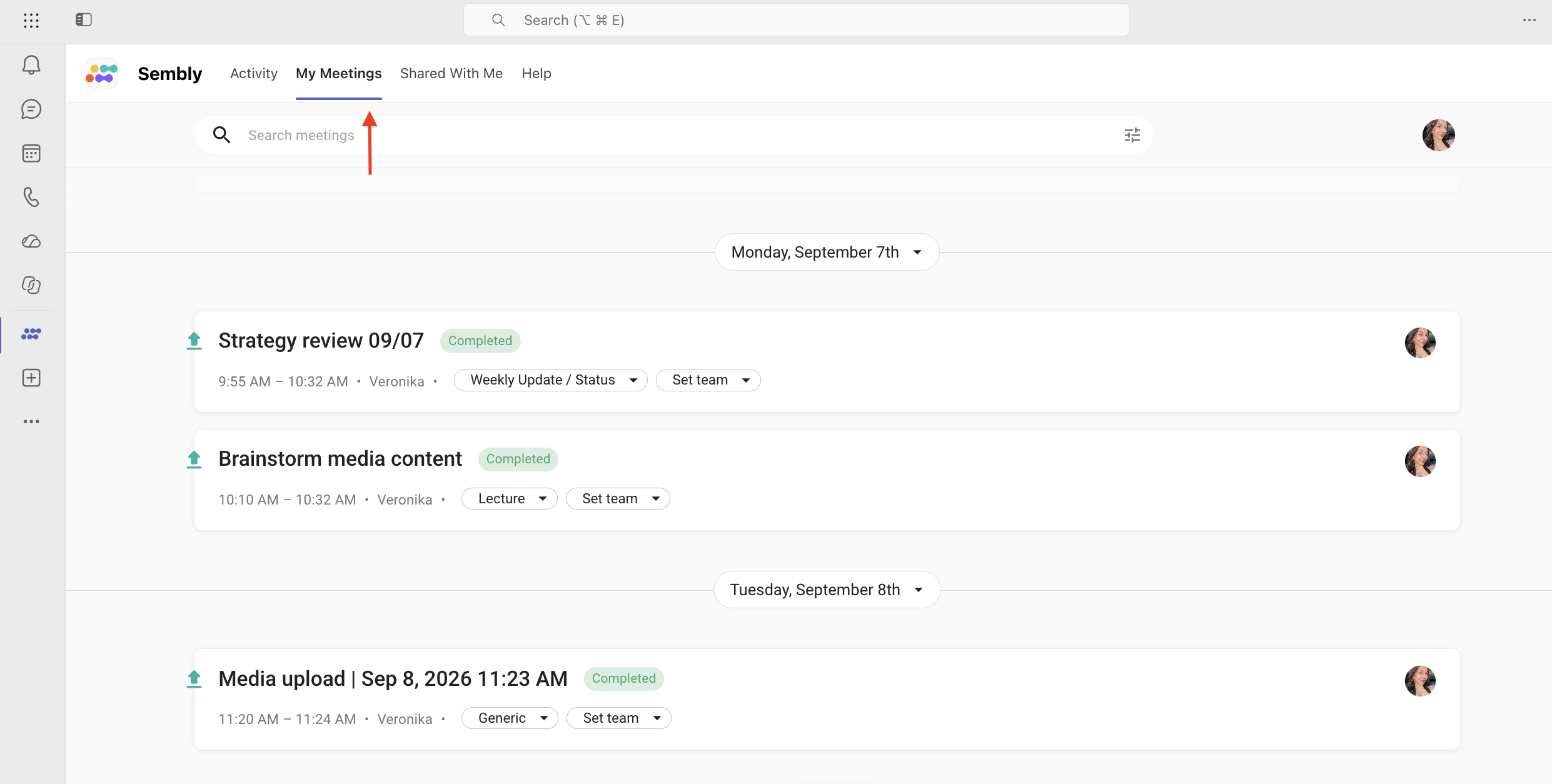 Sembly My Meetings screen lists completed meetings by date, with a red arrow pointing to the selected My Meetings tab. Visible: Sembly, Activity, My Meetings, Shared With Me, Help, Search meetings.