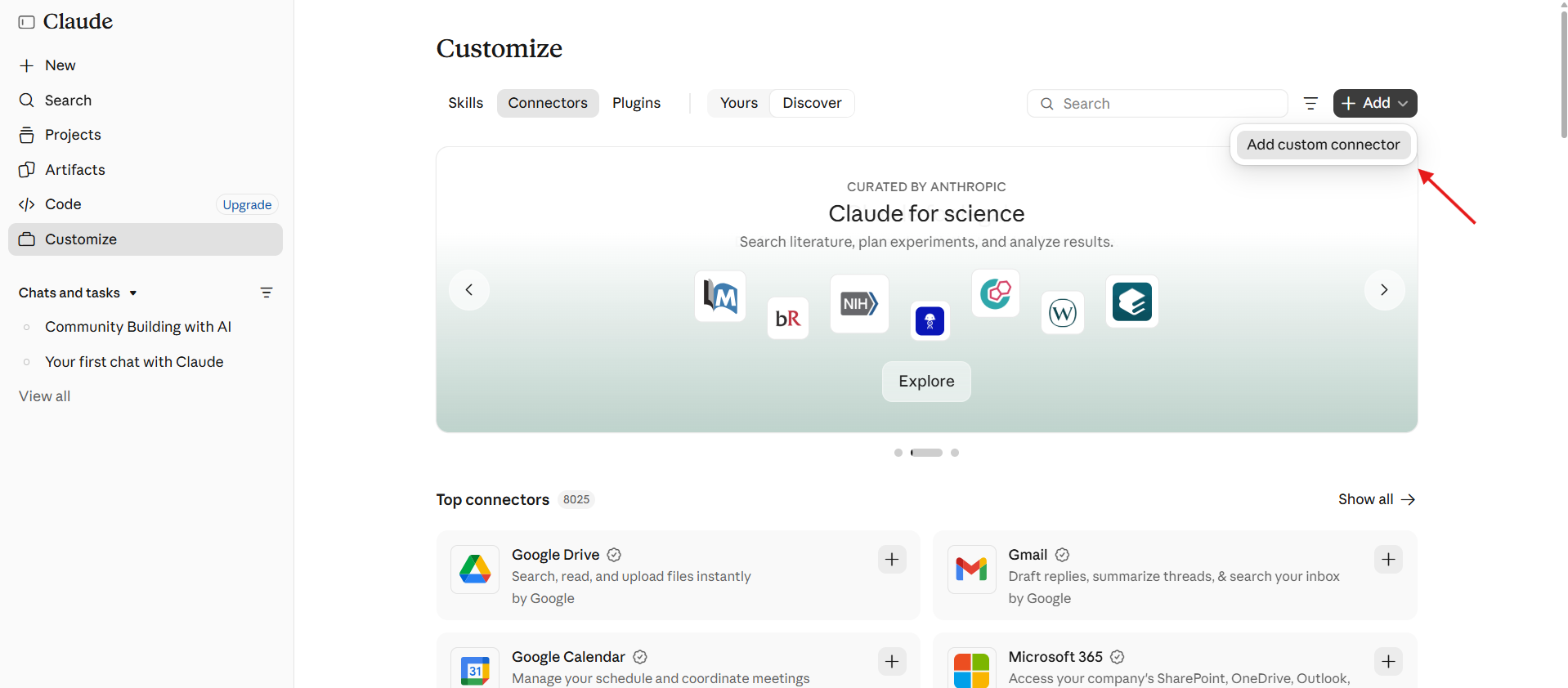 Claude Customize > Connectors screen shows the Discover catalog and top connectors; a red arrow points to the Add menu tooltip labeled “Add custom connector.”. Visible: Claude, Customize, Connectors, Discover, Search, Add.