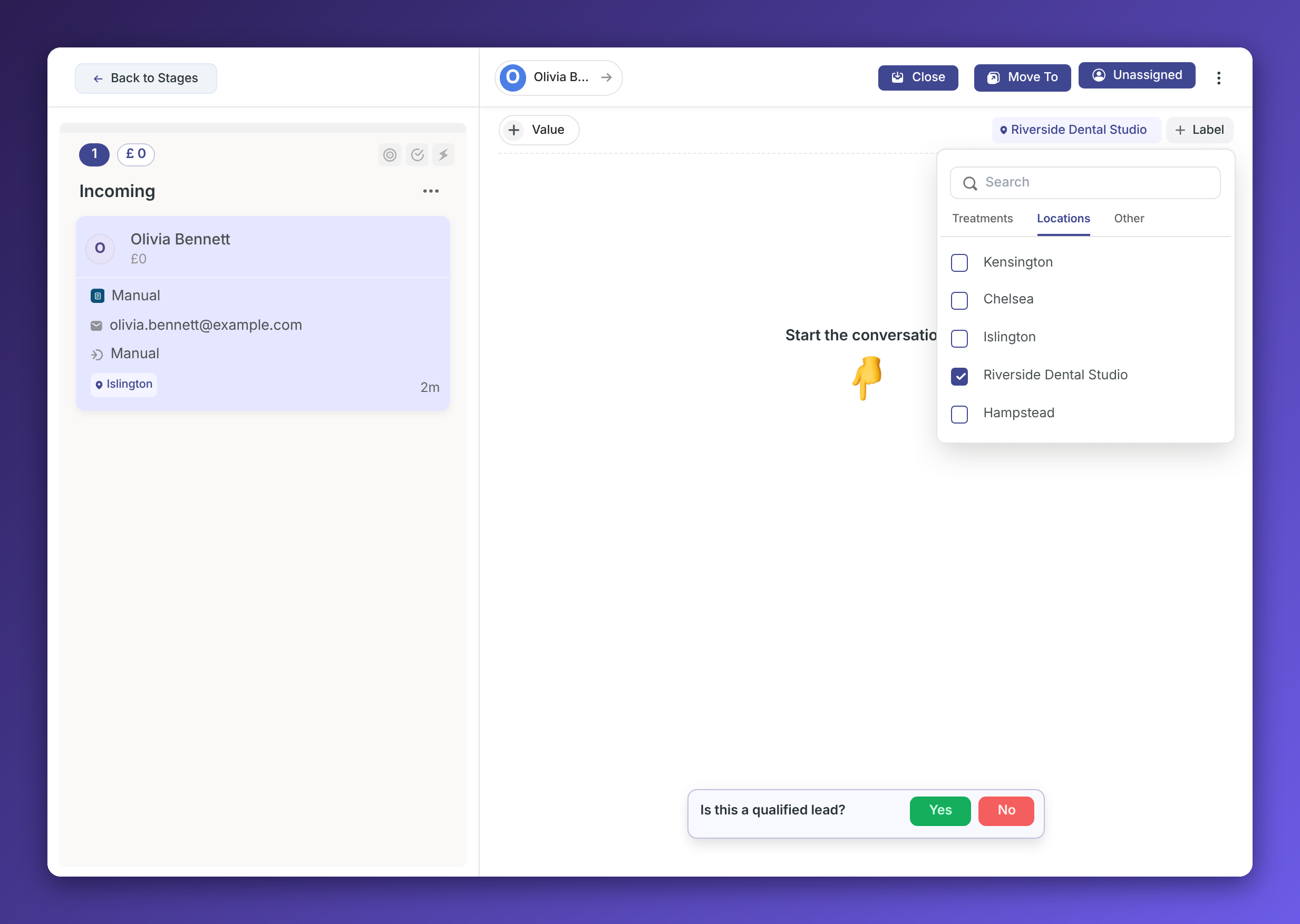 An inbox conversation for Olivia Bennett has the Locations selector open with Riverside Dental Studio checked; a pointing hand indicates the conversation area. Visible: Back to Stages, Incoming, Olivia Bennett, Manual, olivia.bennett@example.com, Value.