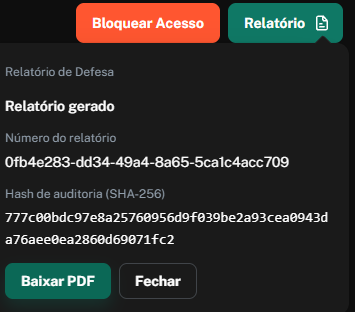 A janela “Relatório de Defesa” mostra um relatório gerado, com número, hash de auditoria e opções para baixar o PDF ou fechar. Visible: Bloquear Acesso, Relatório, Relatório de Defesa, Relatório gerado, Número do relatório, 0fb4e283-dd34-49a4-8a65-5ca1c4acc709.