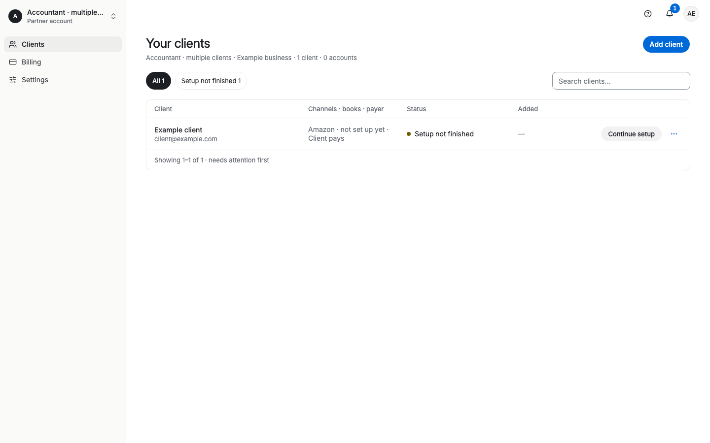 Your clients page with filter chips, search, and a client table