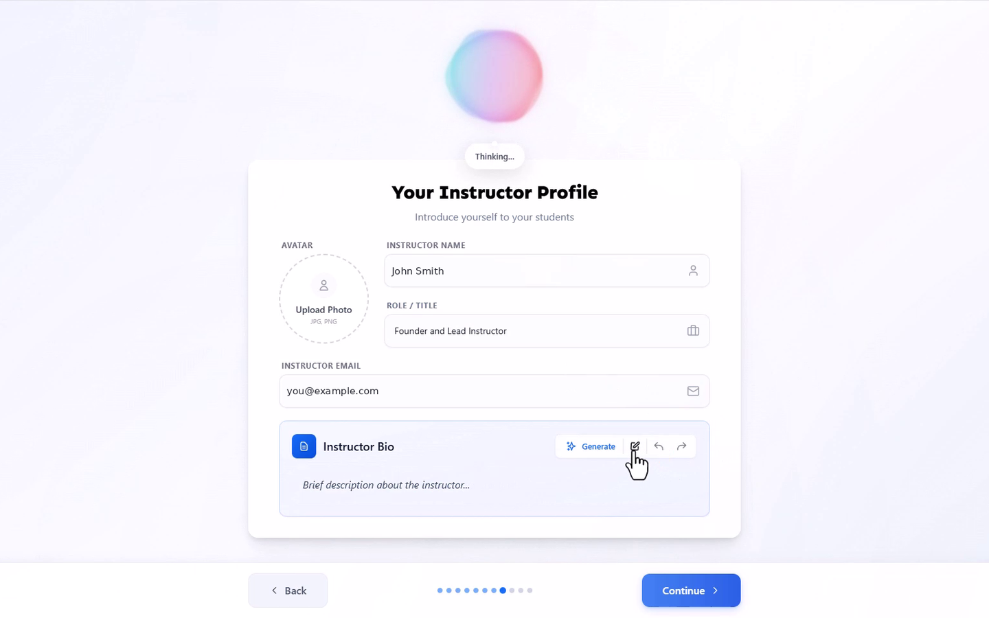 The Your Instructor Profile screen, showing the Avatar upload, Instructor Name, Role/Title, and Instructor Email fields, and the Instructor Bio field with the Generate option