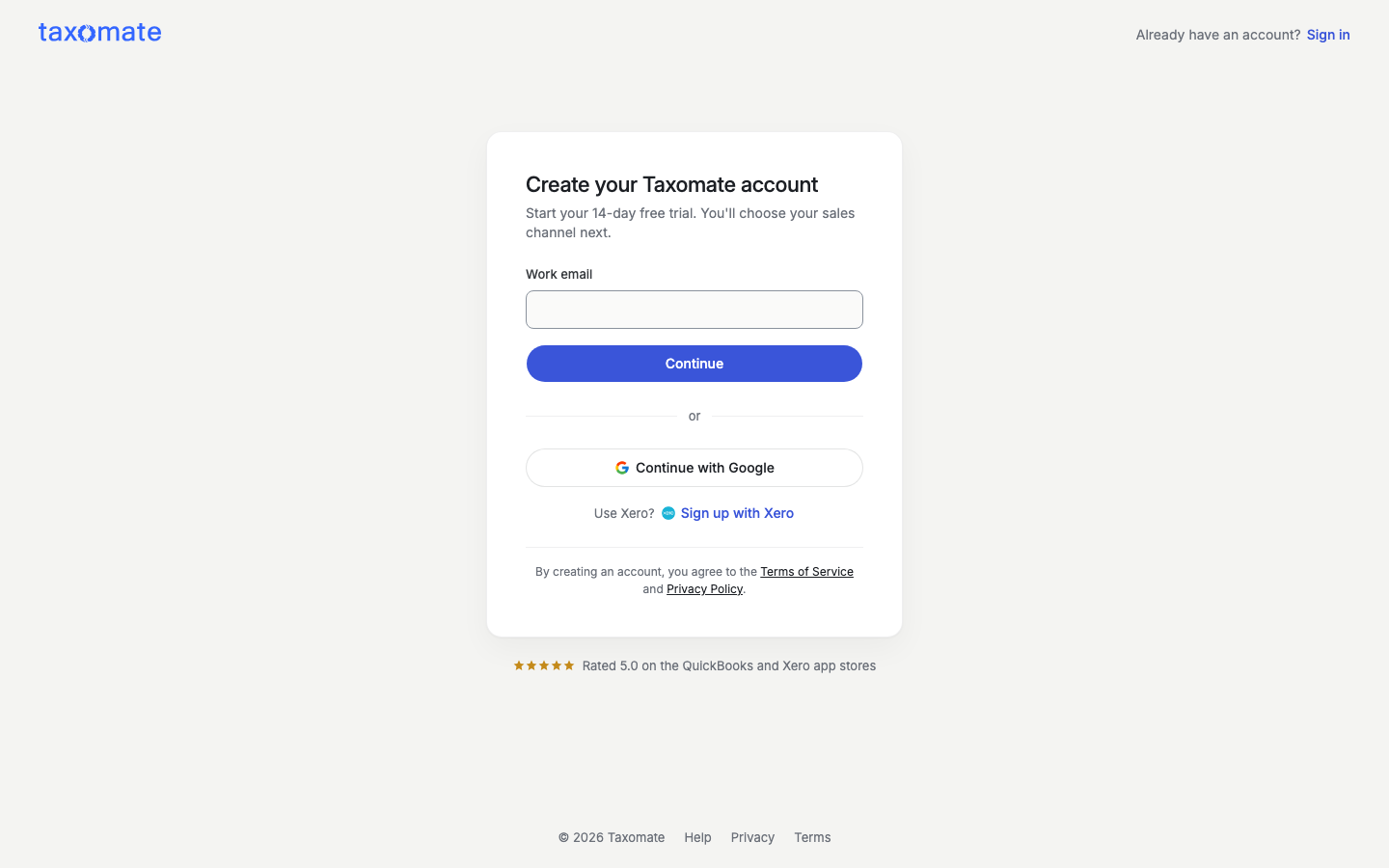Taxomate sign-up page with a Work email field and Continue button