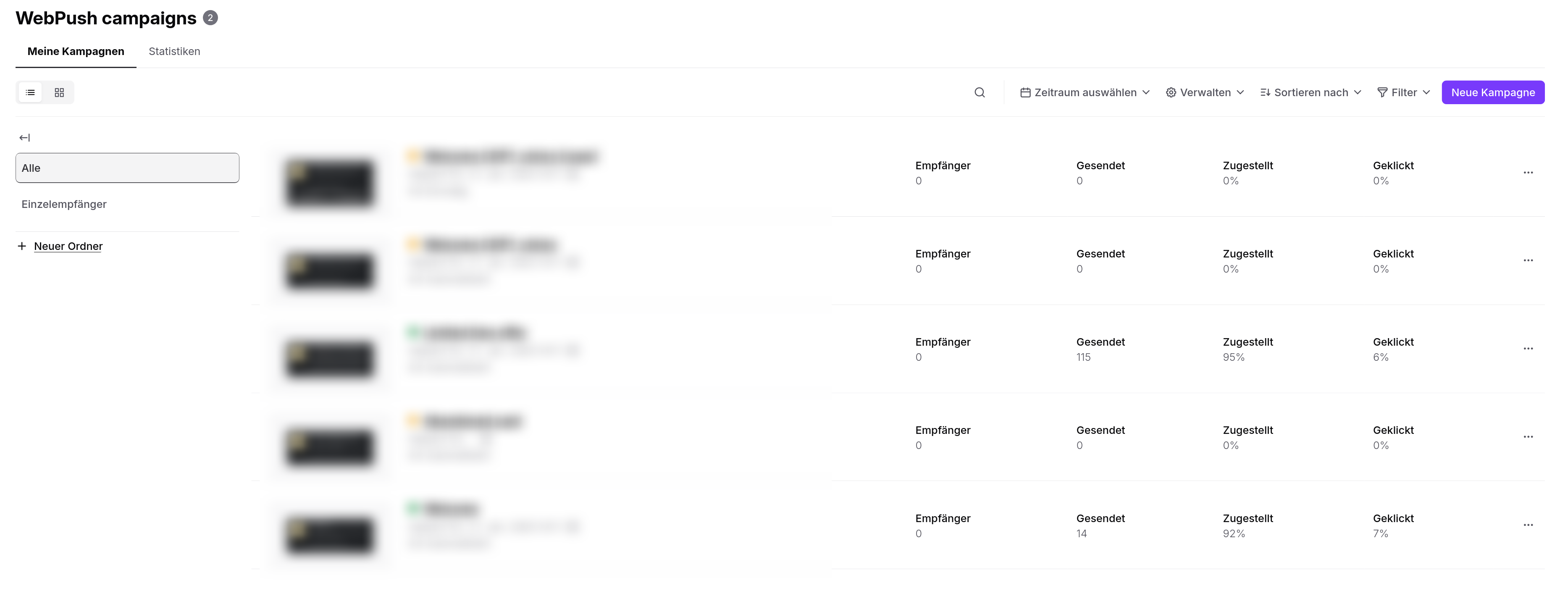 WebPush campaigns screen on the Meine Kampagnen tab, showing a campaign list with recipient, sent, delivered, and clicked metrics plus folder filters. Visible: WebPush campaigns, Meine Kampagnen, Statistiken, Alle, Einzelempfänger, Neuer Ordner.