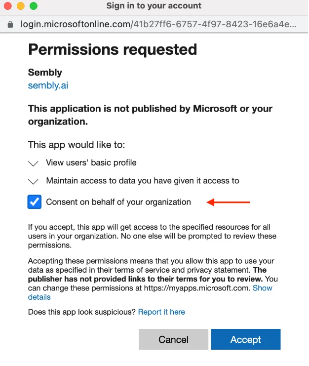 Microsoft sign-in Permissions requested page for Sembly, with a red arrow pointing to the checked “Consent on behalf of your organization” option. Visible: Sign in to your account, Permissions requested, Sembly, sembly.ai, This application is not published by Microsoft or your organization., This ap