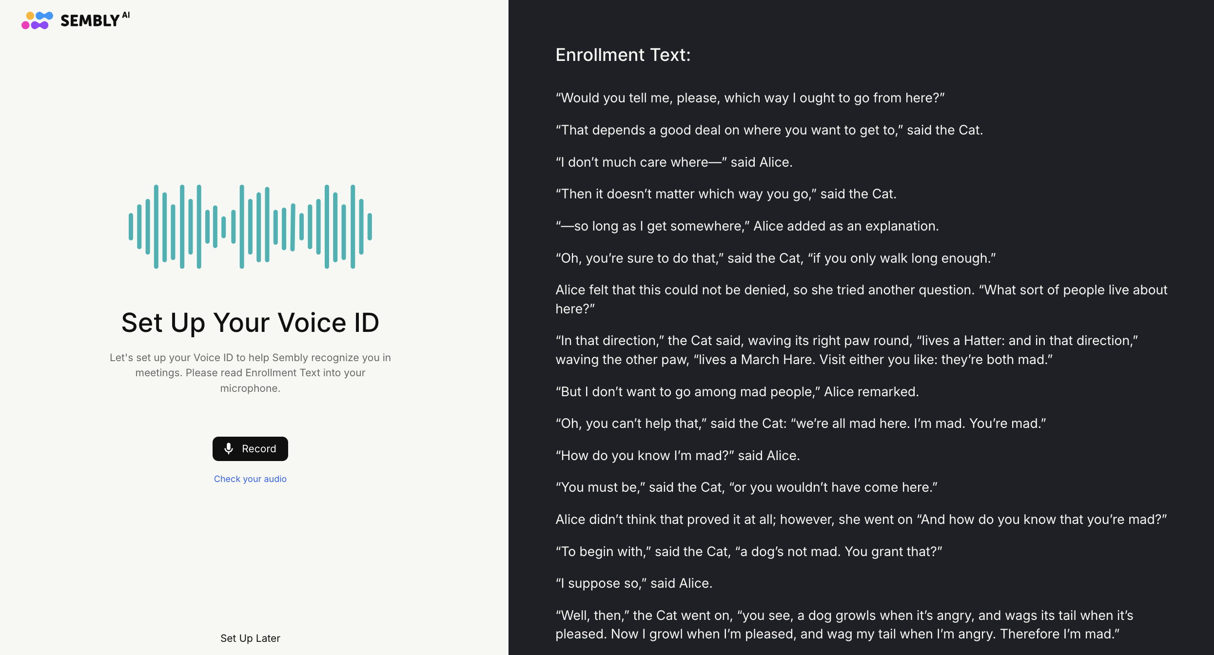 Sembly AI voice ID enrollment screen shows setup instructions, a Record button and Check your audio link beside Enrollment Text for the microphone reading. Visible: SEMBLY AI, Set Up Your Voice ID, Let's set up your Voice ID to help Sembly recognize you in meetings. Please read Enrollment Text into
