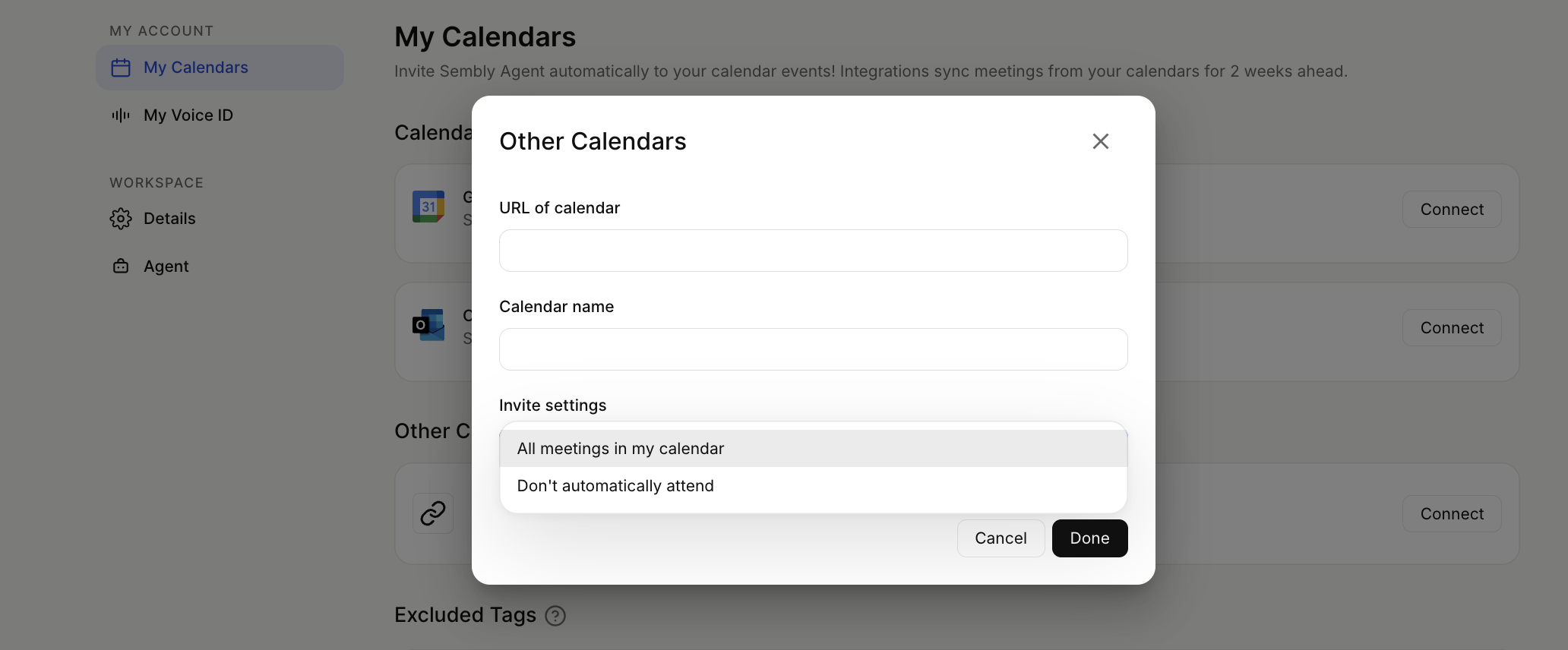 The My Calendars settings page shows an Other Calendars dialog for entering a calendar URL and name and choosing invite settings. Visible: MY ACCOUNT, My Calendars, My Voice ID, WORKSPACE, Details, Agent.
