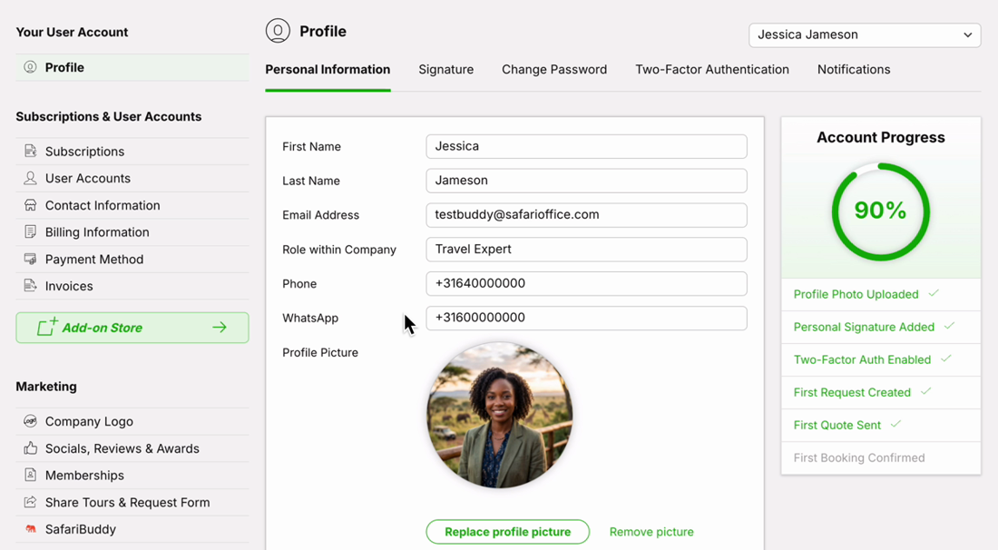 The User Account Profile screen shows the Personal Information form, profile picture controls, and Account Progress checklist. Visible: Your User Account, Profile, Subscriptions & User Accounts, Subscriptions, User Accounts, Contact Information.