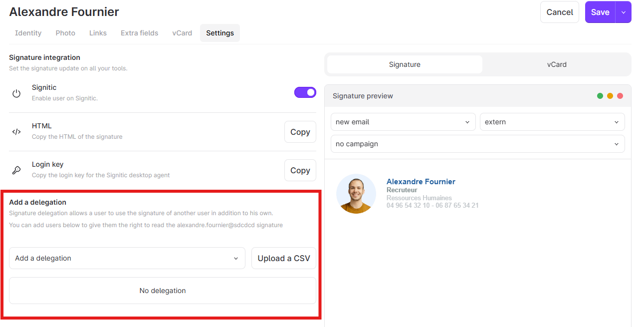 The Settings tab for Alexandre Fournier shows signature integration options and a red-outlined Add a delegation section with a user selector and CSV upload button. Visible: Alexandre Fournier, Settings, Signature integration, Signitic, HTML, Login key.