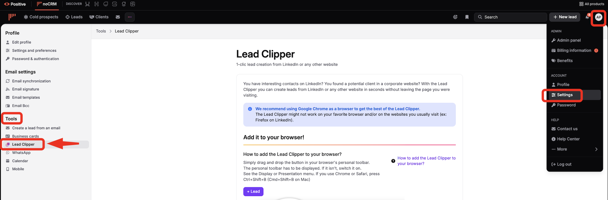 The noCRM Settings page shows Tools > Lead Clipper instructions, with red outlines around Settings, Tools, and Lead Clipper and an arrow pointing to Lead Clipper. Visible: noCRM, Settings, Tools, Lead Clipper, Profile, Email settings.